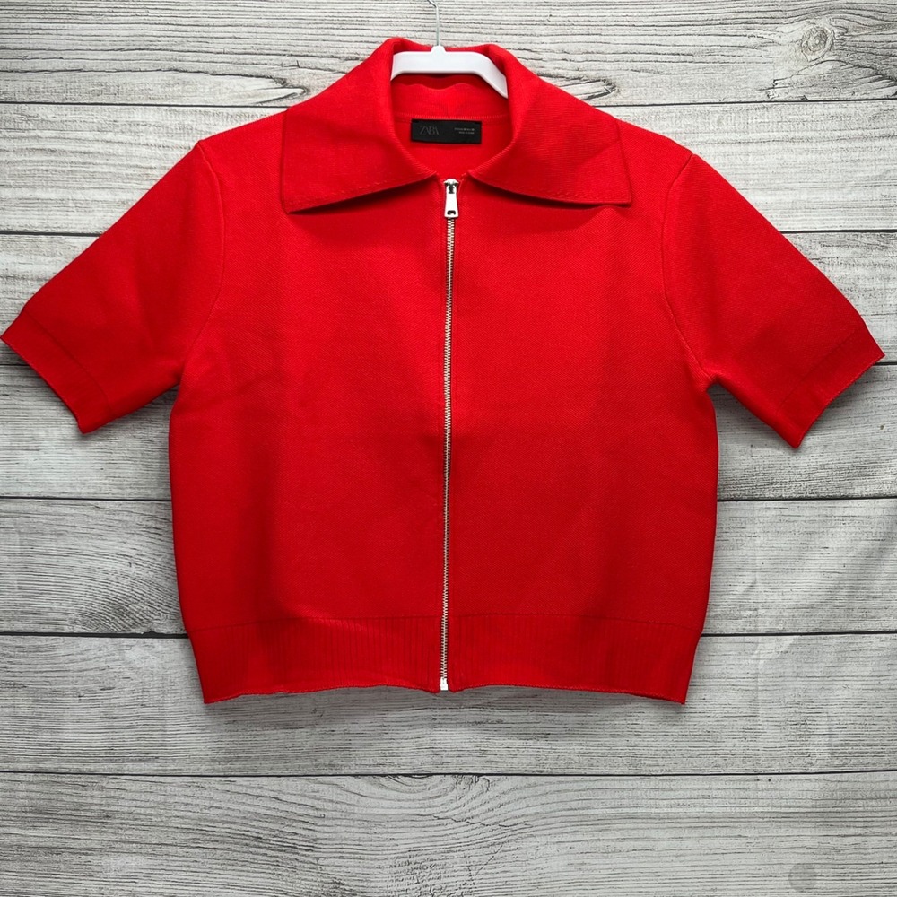 Zara Red Short Sleeve Full Zip Knit Cardigan Sweater Polo Collar Womens Medium